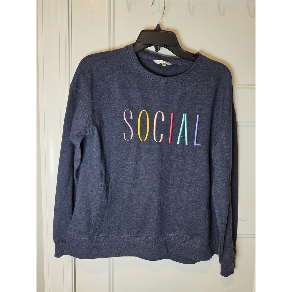 Wildfox SOCIAL Blue French Terry Crew Neck Pullover Sweatshirt Womens Small